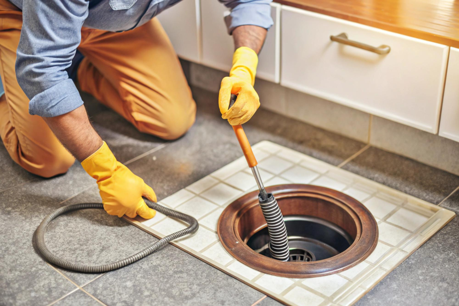 professional drain cleaning with a snake